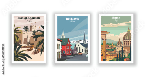 Ras al-Khaimah, UAE, Reykjavik, Iceland, Rome, Italy - Vintage travel poster. Vector illustration. High quality prints