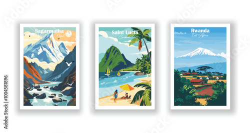 Rwanda, East Africa, Sagarmatha National Park, Nepal, Saint Lucia, Caribbean - Vintage travel poster. Vector illustration. High quality prints