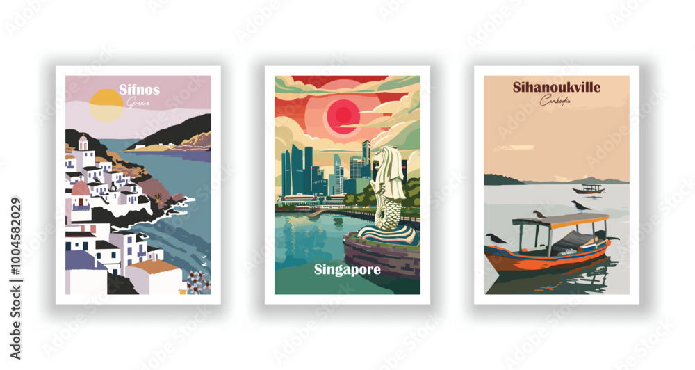 custom made wallpaper toronto digitalSifnos, Greece, Sihanoukville, Cambodia, Singapore - Vintage travel poster. Vector illustration. High quality prints