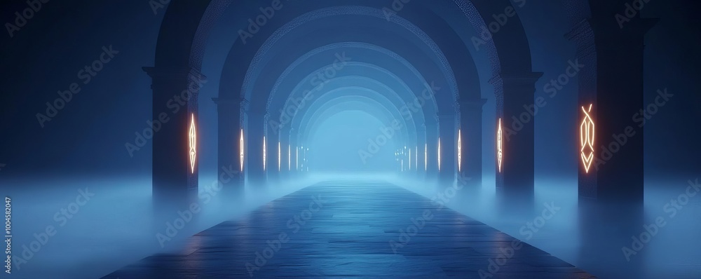 Ancient archway, fog drifting through, glowing runes, 3D illustration Ancient archway, fog drifting through, glowing runes, 3D illustration