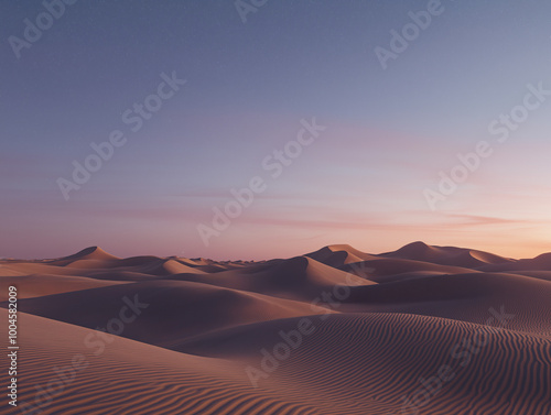 Vast Desert Dunes Under Twilight Sky Pinkish Purple Cool Tone Sand Ripple Texture Sunset