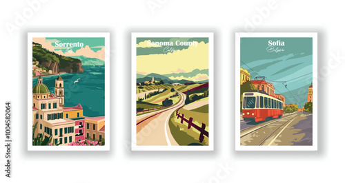 Sofia, Bulgaria, Sonoma County, California, Sorrento, Italy - Vintage travel poster. Vector illustration. High quality prints
