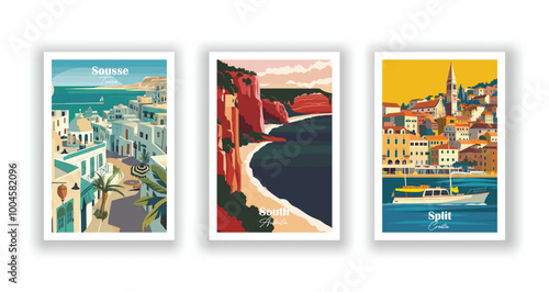 Sousse, Tunisia, South Australia, Split, Croatia - Vintage travel poster. Vector illustration. High quality prints