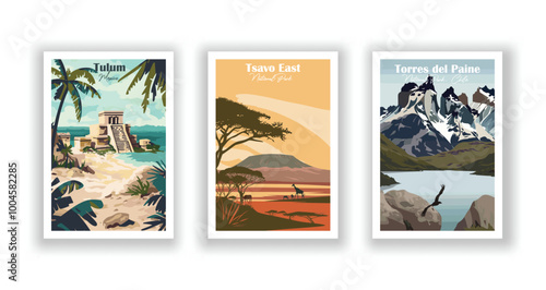 Torres del Paine National Park, Chile, Tsavo East National Park, Tulum, Mexico - Vintage travel poster. Vector illustration. High quality prints
