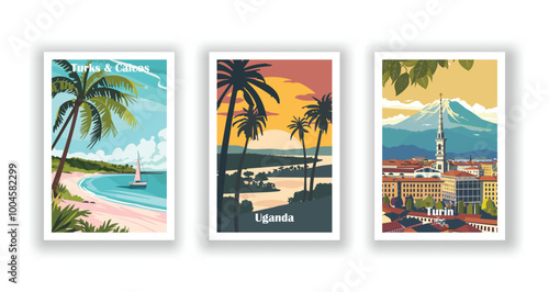 Turin, Italy, Turks & Caicos, Uganda - Vintage travel poster. Vector illustration. High quality prints