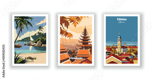 Victoria, Seychelles, Vientiane, Laos, Vilnius, Lithuania - Vintage travel poster. Vector illustration. High quality prints