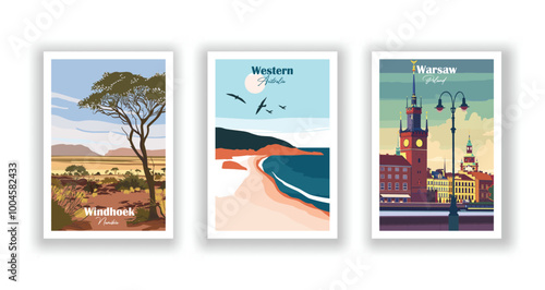 Warsaw, Poland, Western Australia, Windhoek, Namibia - Vintage travel poster. Vector illustration. High quality prints