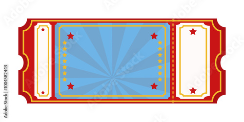 Vintage red and blue event ticket with yellow stars and decorative frame. Suitable for carnival, circus or theatre.