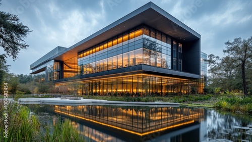 Modern architectural building with reflective water features.