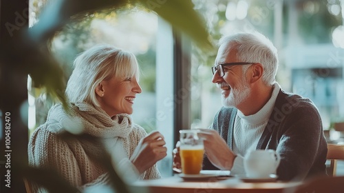 Joyful Moments Between Older Couple in Cafe