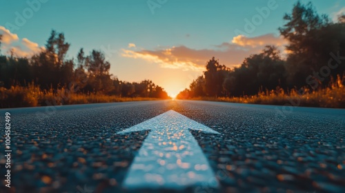 Low angle photography of a white arrow on the asphalt road during the sunset. Straight ahead way concept, path to success direction, business career future guidance, journey to the destination photo