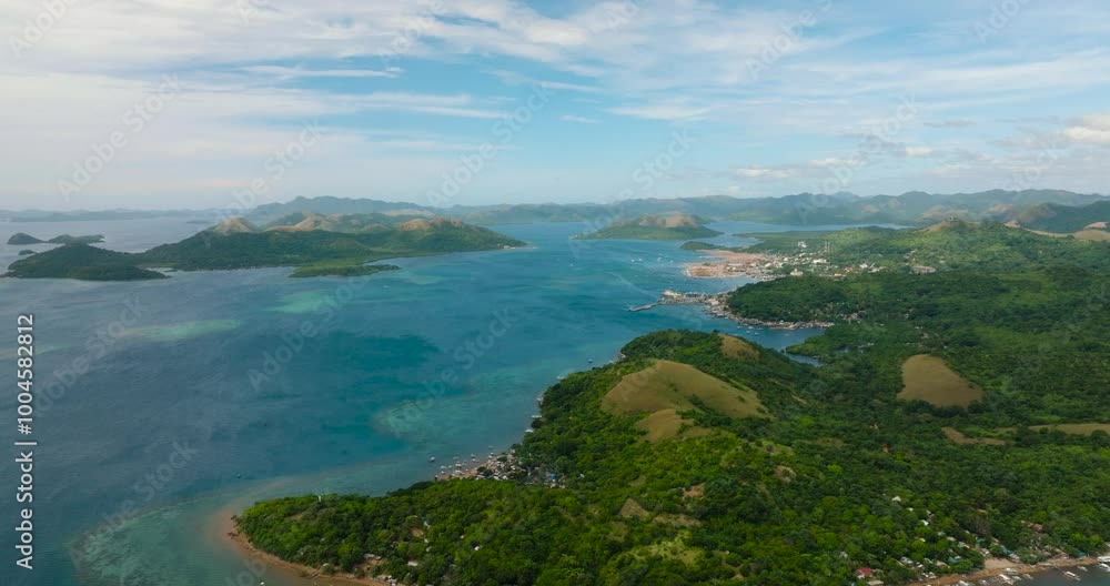 Drone view of Coron, Palawan. Blue sky and clouds. Philippines. Drone view of Coron, Palawan. Blue sky and clouds. Philippines.