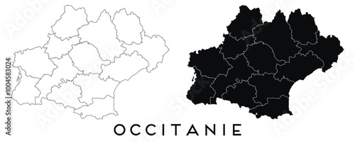 Occitanie map of regions districts vector black on white and outline