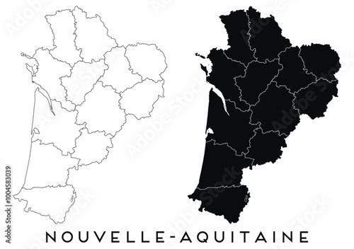 Nouvelle Aquitaine map of regions districts vector black on white and outline