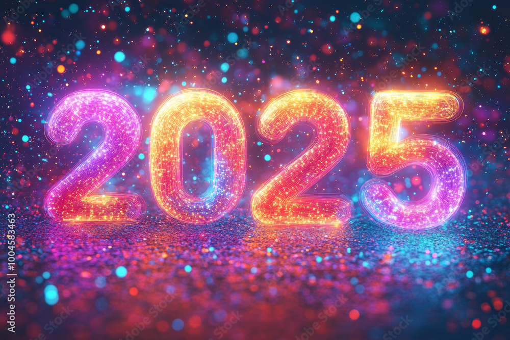 Bright neon 2025 numbers with vibrant light effects and colorful bokeh on a dark festive background, tech companies, digital marketing, creative agencies, entertainment businesses, and New Year Bright neon 2025 numbers with vibrant light effects and colorful bokeh on a dark festive background, tech companies, digital marketing, creative agencies, entertainment businesses, and New Year