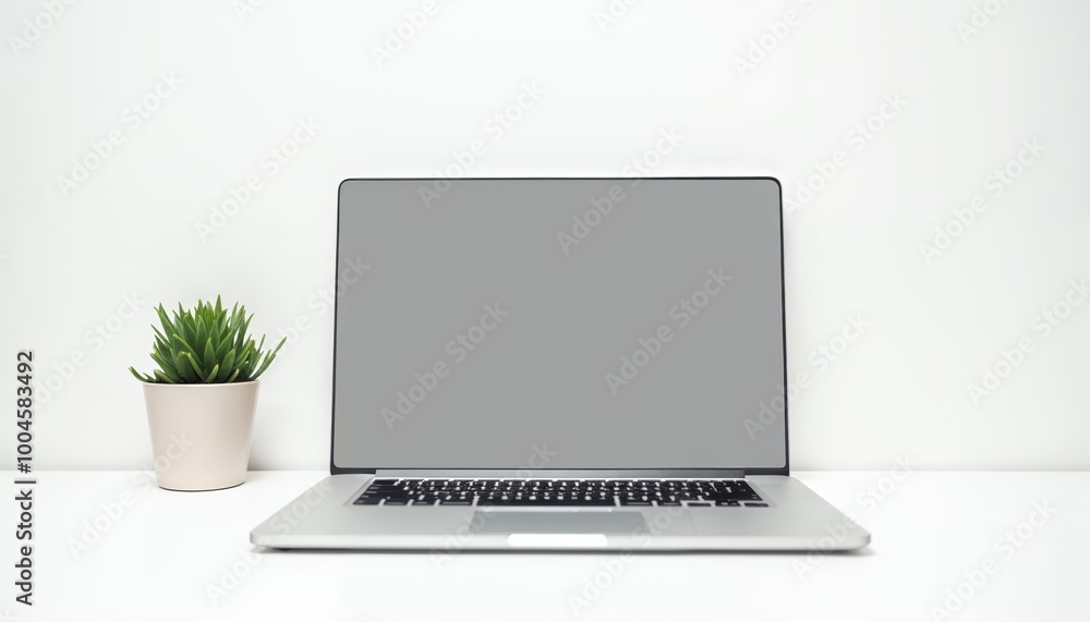 Stylish Silver Laptop on White Desk with Potted Plant - Perfect for Mockup Designs Stylish Silver Laptop on White Desk with Potted Plant - Perfect for Mockup Designs