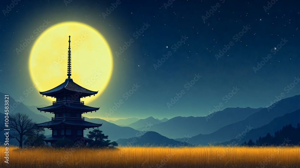 Tranquil Moonlit Pagoda, A serene Japanese pagoda stands bathed in moonlight against a star-filled sky. Tall grass surrounds the multi-tiered structure.