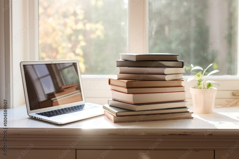 Fototapeta premium Stack of books laptop window publication.