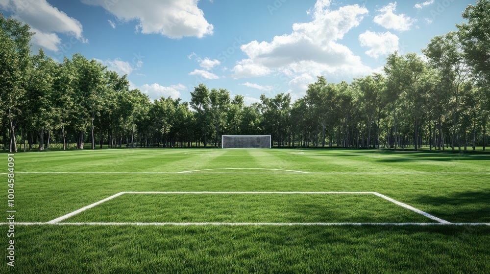 Fototapeta premium soccer pitch with the goal and net on a grassy field - empty arena stadium