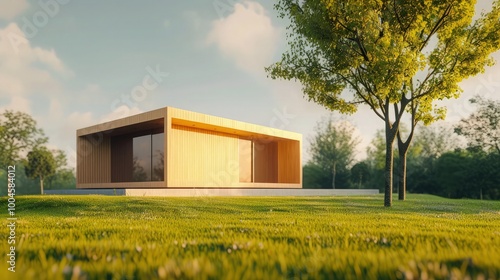 Minimalist wooden home model on grass, with a clear summer sky above, representing a simple yet elegant new home idea.