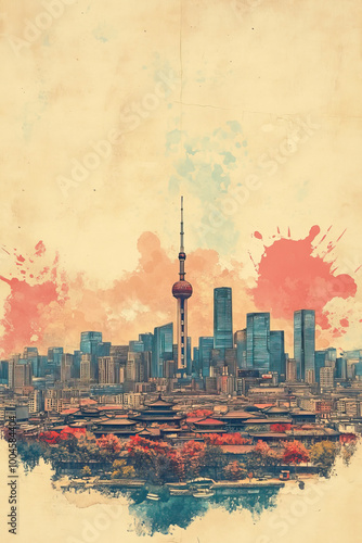 Shenyang, China, color pen pencil hand-drawn effect drawing illustration for travel poster, card, wallpaper, backdrop or banner. Modern, clear, artistic and simple photo