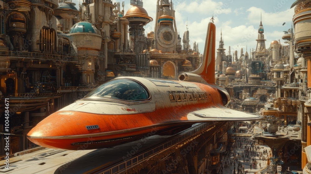 Futuristic Cityscape with a Retro-Styled Spaceship Futuristic Cityscape with a Retro-Styled Spaceship