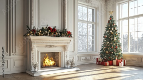 View of the room with a fireplace. Festive decorations and a Christmas tree.