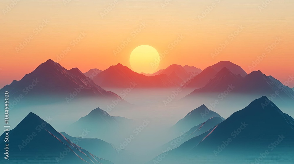 Fototapeta premium Fog drifting through mountain peaks, sunrise breaking through, 3D illustration