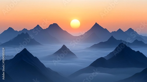 Fog drifting through mountain peaks, sunrise breaking through, 3D illustration