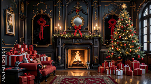 Wallpaper Mural Christmas Elegance and Festive Warmth.  A Luxurious Living Room Beautifully Decorated for Christmas, with a Crackling Fireplace, Elegant Christmas Tree, Gifts and Presents.  Torontodigital.ca