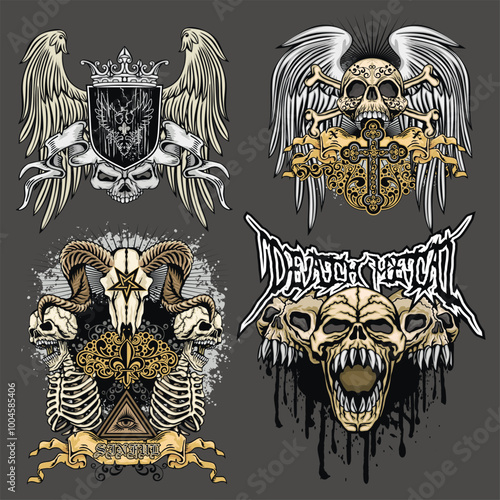 set, gothic sign with skull, grunge vintage design t shirts
