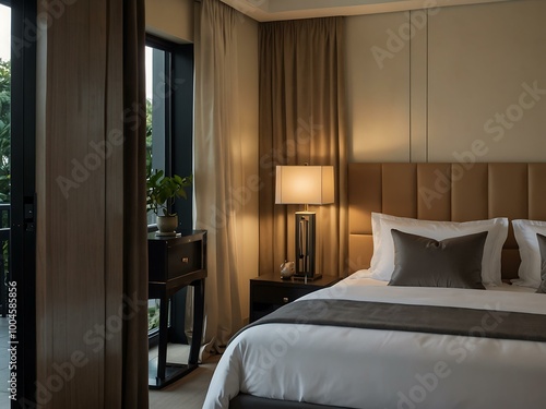 A camera entering a luxurious hotel suite with a modern minimalist bedroom and garden view.