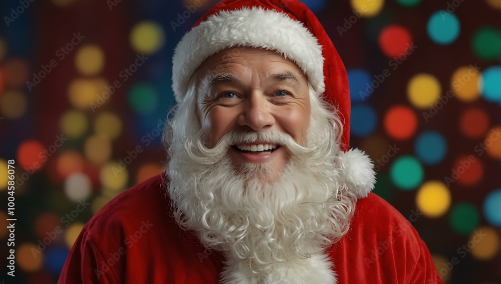 A cheerful Santa in a red suit beams against a colorful Christmas backdrop. A cheerful Santa in a red suit beams against a colorful Christmas backdrop.