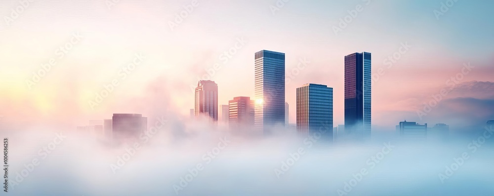 Foggy skyline, skyscrapers peeking through mist, 3D illustration Foggy skyline, skyscrapers peeking through mist, 3D illustration