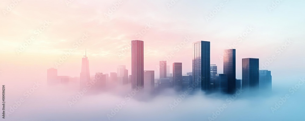 Fototapeta premium Foggy skyline, skyscrapers peeking through mist, 3D illustration
