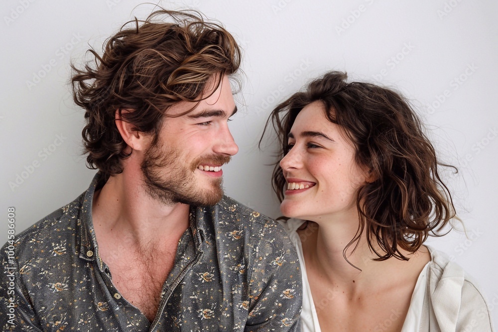 A man and a woman sharing a joyful moment, exchanging smiles, standing close together on a clean white background.
A man and a woman sharing a joyful moment, exchanging smiles, standing close together on a clean white background.