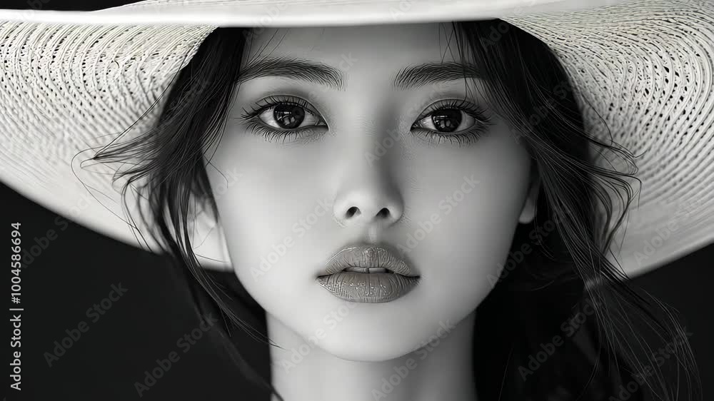Model posing wearing sun hat looking at camera Model posing wearing sun hat looking at camera