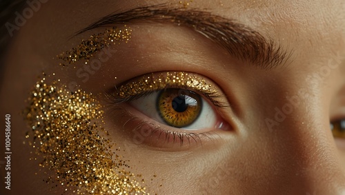 A close-up of a woman’s eye adorned with golden glitter. photo