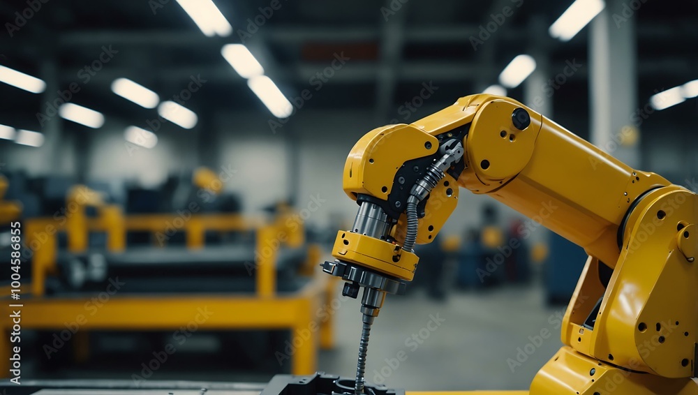 A close-up of a yellow robotic arm in a factory. A close-up of a yellow robotic arm in a factory.