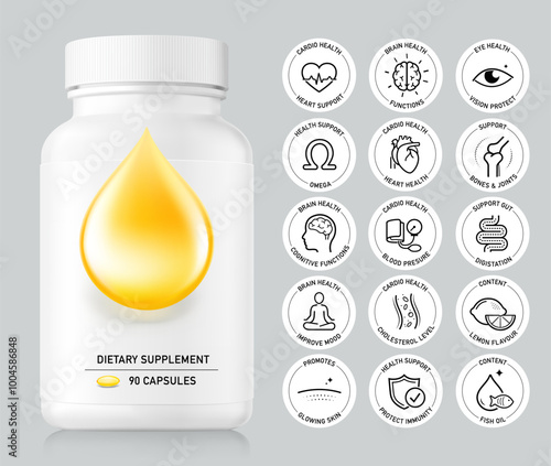Plastic packer pill bottle mockup with label for omega supplements isolated on white background  with health icons set. Vector illustration isolated on white background. Ready for your design. EPS10.