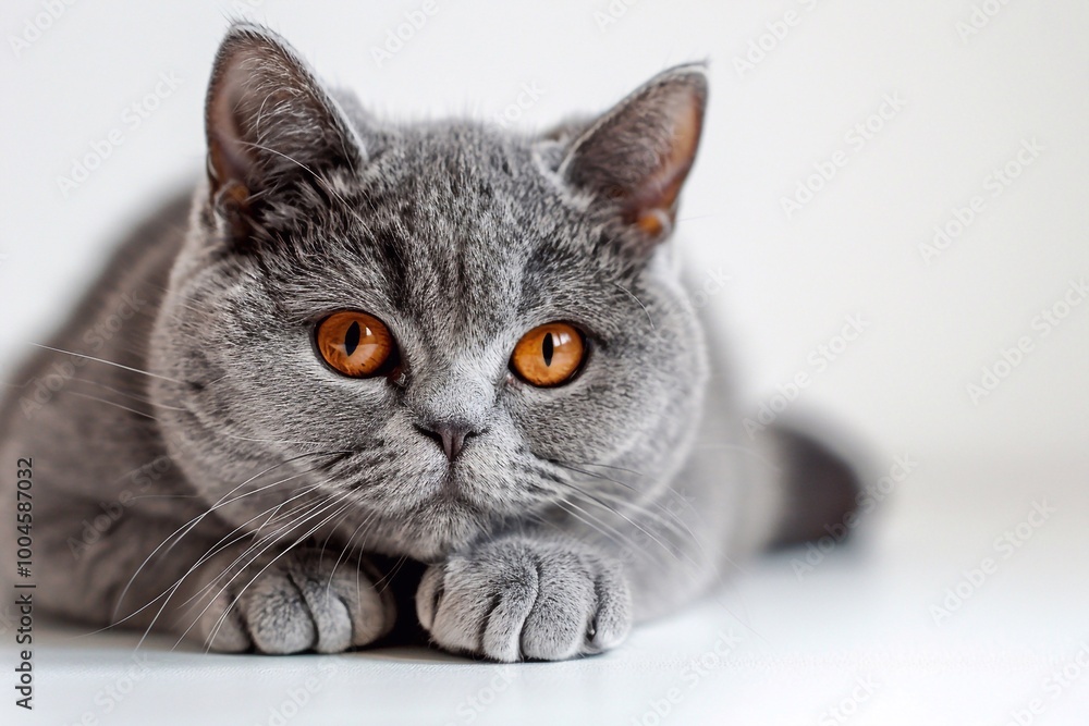 British cat posed against a white background.
British cat posed against a white background.