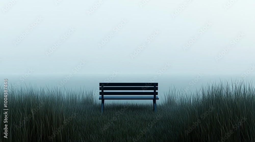 Lonely bench in fog, surrounded by tall grass, peaceful gloom, 3D illustration Lonely bench in fog, surrounded by tall grass, peaceful gloom, 3D illustration