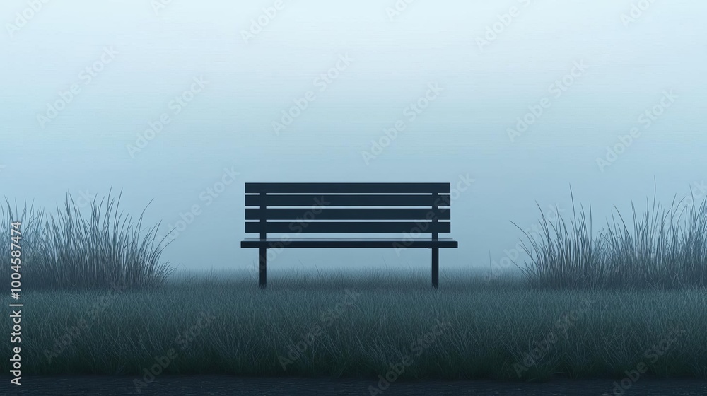 Lonely bench in fog, surrounded by tall grass, peaceful gloom, 3D illustration Lonely bench in fog, surrounded by tall grass, peaceful gloom, 3D illustration