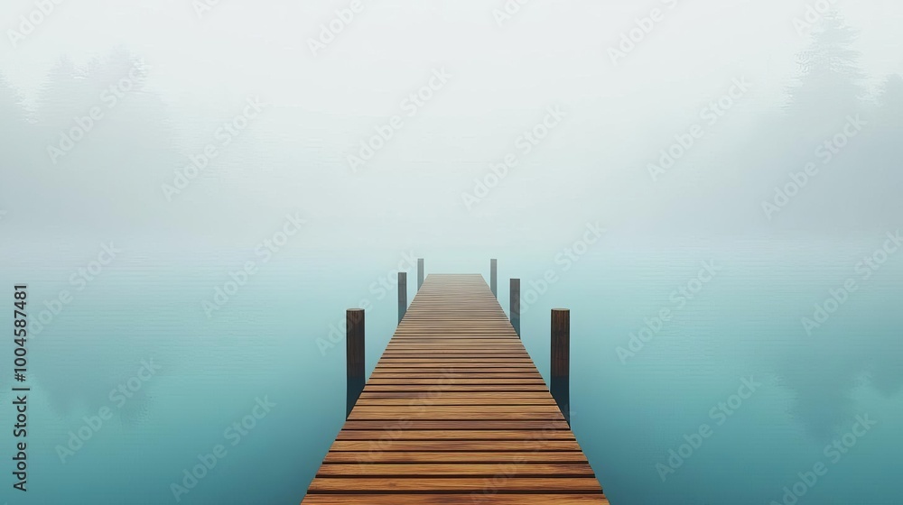 Obraz premium Lonely dock stretching into foggy lake, eerie stillness, 3D illustration