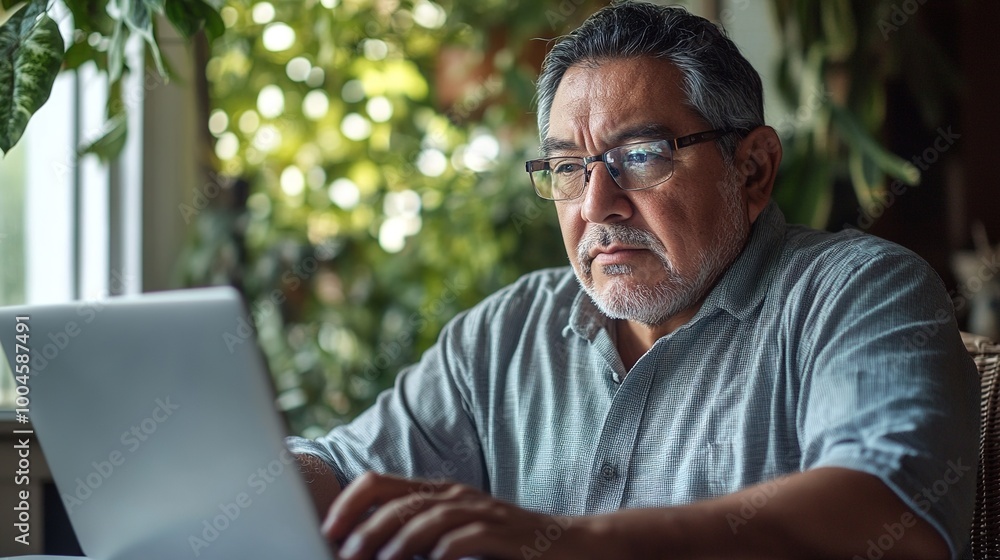 Thoughtful Man Working on Laptop in Cozy Environment Thoughtful Man Working on Laptop in Cozy Environment