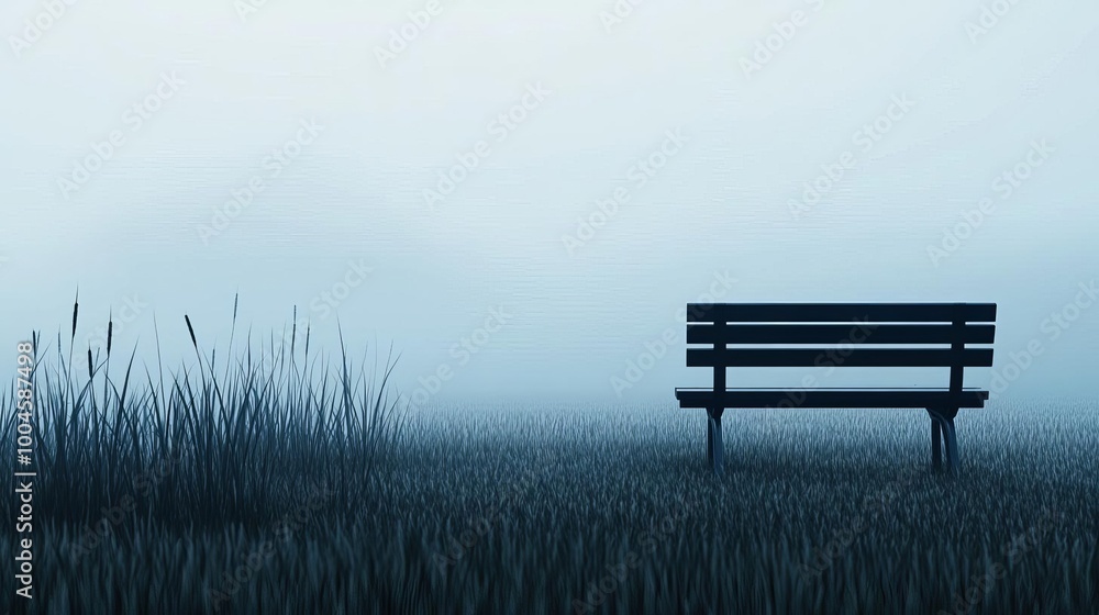 Lonely bench in fog, surrounded by tall grass, peaceful gloom, 3D illustration Lonely bench in fog, surrounded by tall grass, peaceful gloom, 3D illustration