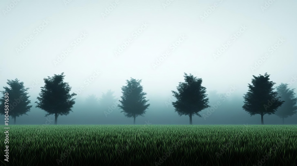 Lush field in heavy fog, silhouettes of trees, 3D illustration Lush field in heavy fog, silhouettes of trees, 3D illustration