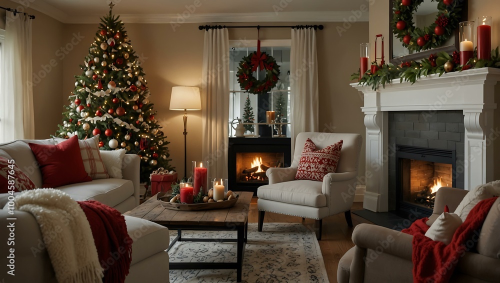 A cozy Christmas living room with festive decor and warm red accents. A cozy Christmas living room with festive decor and warm red accents.
