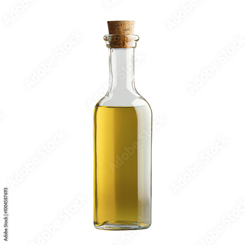 Elegant glass bottle of olive oil with cork stopper on a transparent background