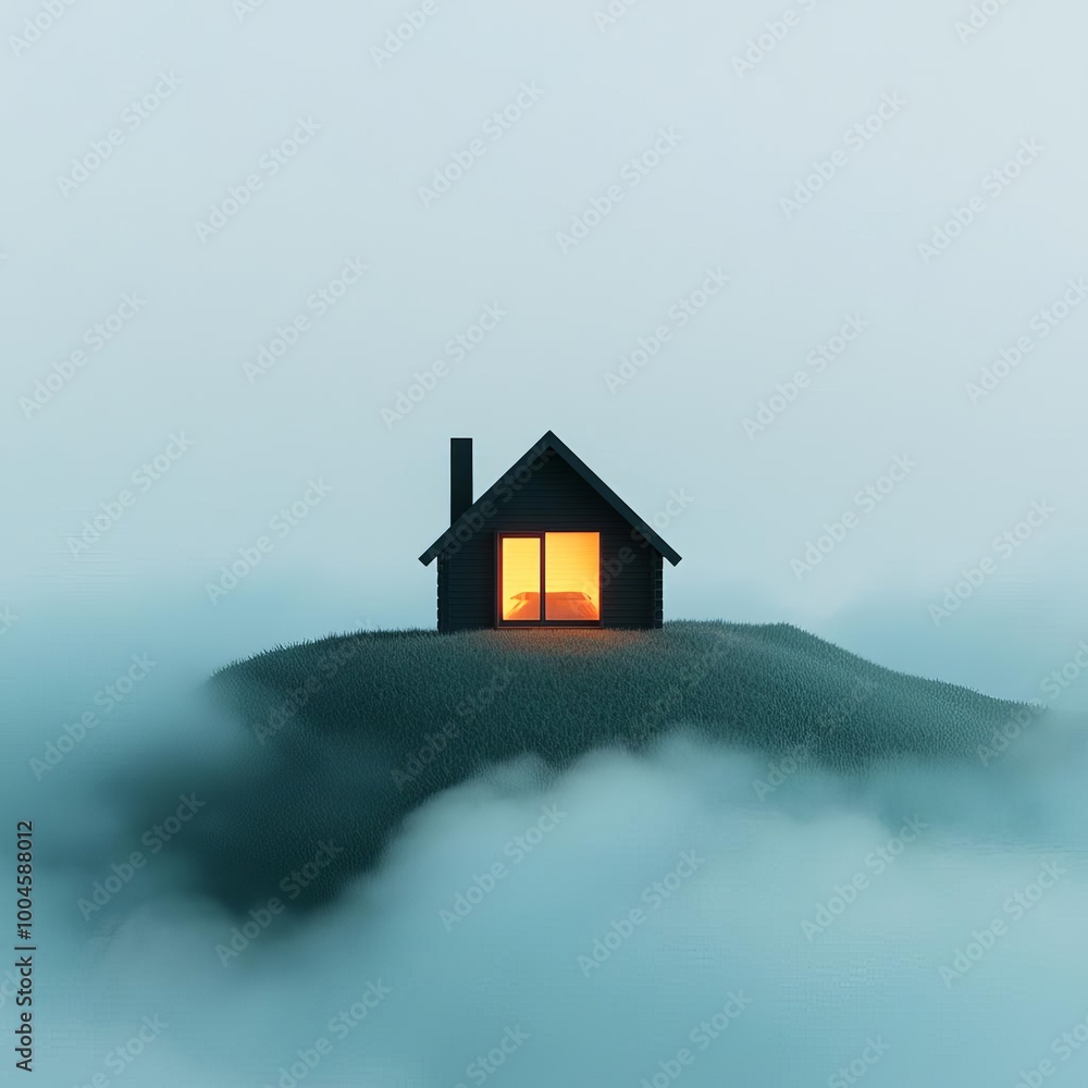 Mist rolling over a lonely cabin, warmth glowing inside, 3D illustration Mist rolling over a lonely cabin, warmth glowing inside, 3D illustration